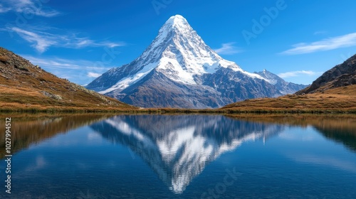 Majestic snow-capped mountain peak reflected in calm lake