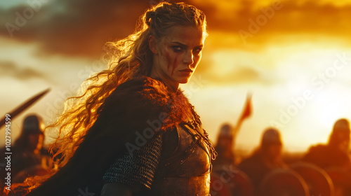 Powerful Viking Woman Leading Warriors into Battle at Sunset: An Inspiring Wallpaper Capturing Courage and Leadership