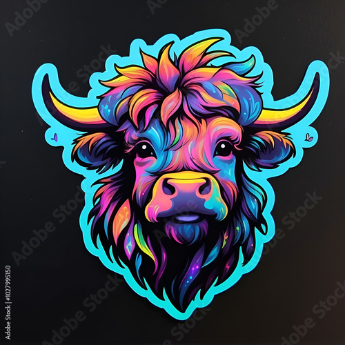 Vibrant Fantasy Highland Cow Sticker Design Featuring Bold Neon Colors And Whimsical Patterns On A Dark Background