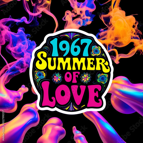 Vibrant 1967 Summer Of Love Sticker Design With Bold Psychedelic Colors And Flowing Smoke Effects In Retro Typography