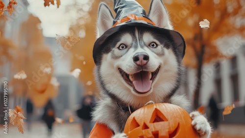 Siberian Husky joyfully in a Halloween costume, with colorful decorations creating a festive backdrop. photo