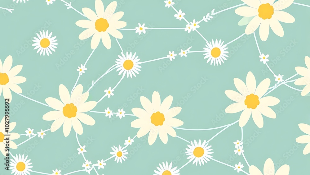 Dainty Daisy Chains Simple daisy flowers in soft white and yellow, linked together in a flowing chain pattern on a pastel mint background. Dainty Daisy Chains Simple daisy flowers in soft white and yellow, linked together in a flowing chain pattern on a pastel mint background.