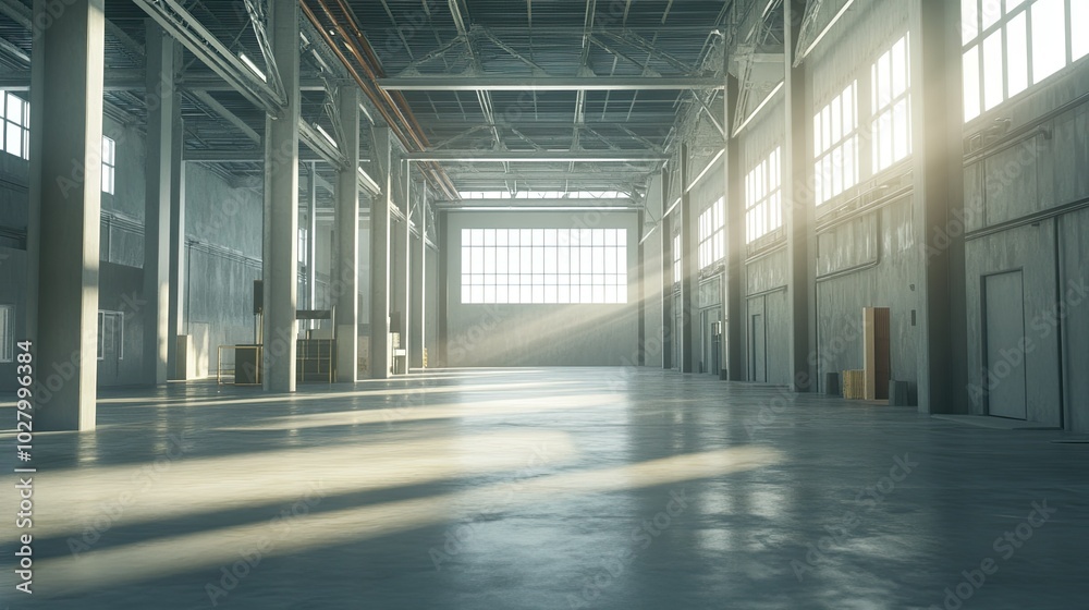 Bright Empty Industrial Warehouse Interior Scene Bright Empty Industrial Warehouse Interior Scene