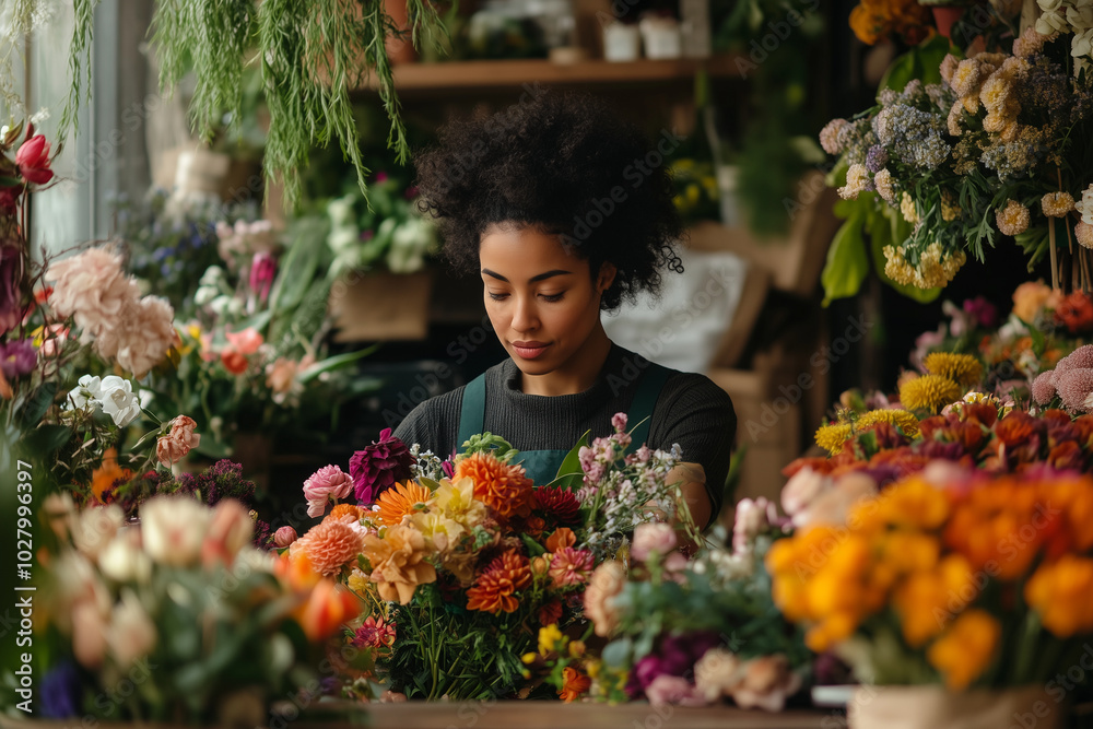 A woman is working in a flower shop, surrounded by a variety of colorful flowers A woman is working in a flower shop, surrounded by a variety of colorful flowers