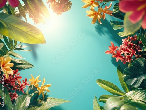 Tropical Colorful Flowers and Leaves Framing a Vibrant Background photo