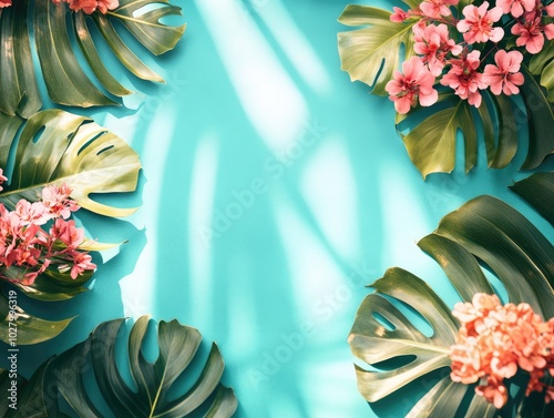 Tropical Colorful Flowers and Leaves Framing a Vibrant Background photo