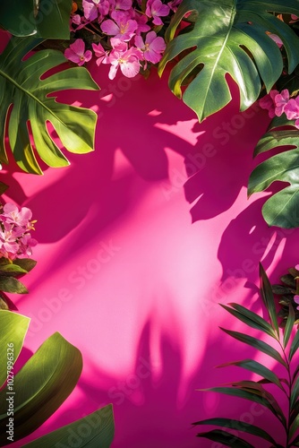 Tropical Colorful Flowers and Leaves Framing a Vibrant Background photo