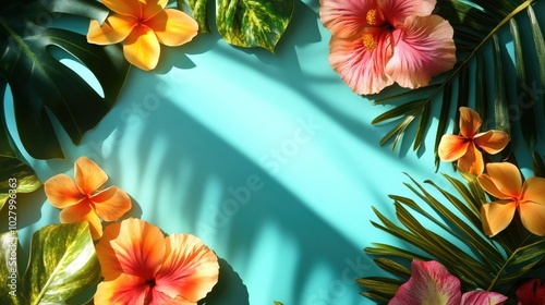 Tropical Colorful Flowers and Leaves Framing a Vibrant Background photo