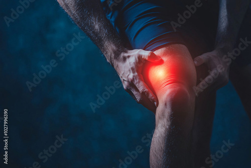 A man holding his knee in pain, with a red glow emphasizing the injury, symbolizing joint discomfort and physical strain 