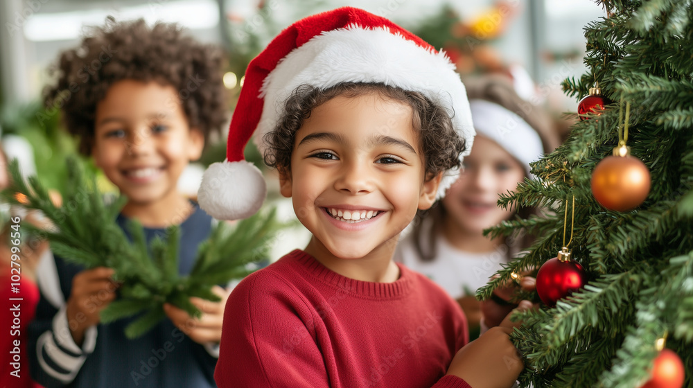 A cheerful group of children wearing holiday outfits and Santa hats, standing in front of a homemade Christmas tree made of green branches and festive decorations. The kids are smi A cheerful group of children wearing holiday outfits and Santa hats, standing in front of a homemade Christmas tree made of green branches and festive decorations. The kids are smi