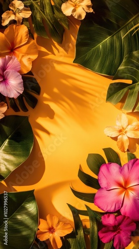 Tropical Colorful Flowers and Leaves Framing a Vibrant Background photo