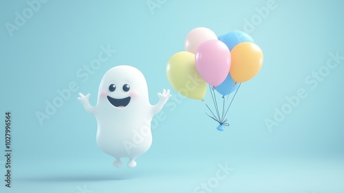 Playful cartoon ghost floats with colorful balloons against a light blue background