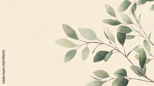  A lush green tree branch against a white background, with a soft blue sky in the backdrop