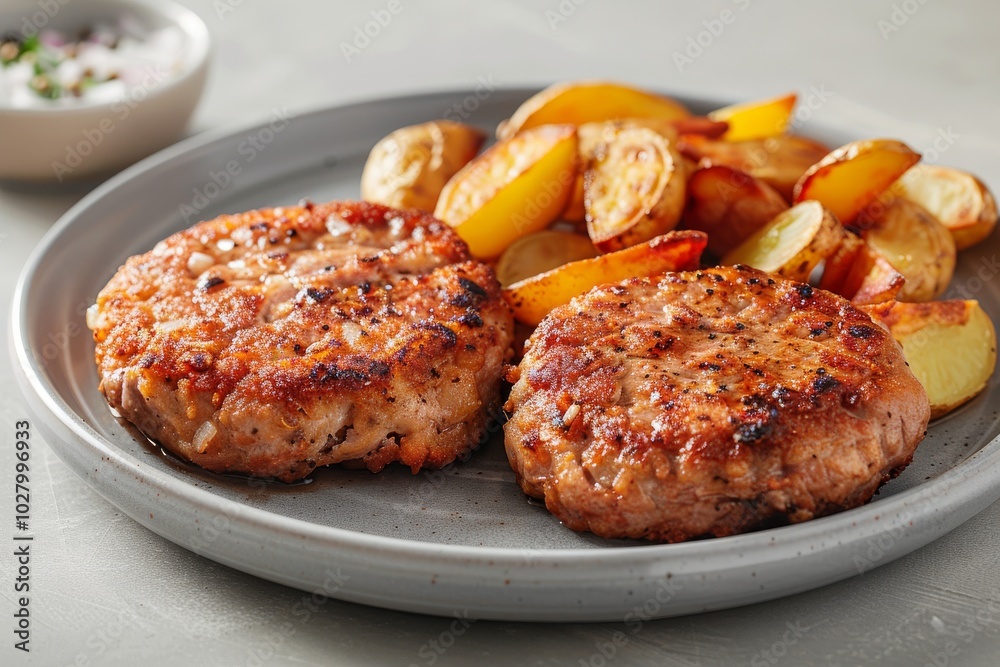 Close-up two round delicious fried meat patties with potato wedges with crispy golden crust on light gray plate on concrete background. Close-up two round delicious fried meat patties with potato wedges with crispy golden crust on light gray plate on concrete background.