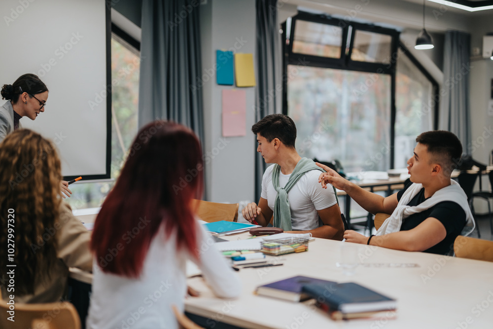 Students actively participate in a group discussion with their teacher in a modern classroom. The scene reflects collaborative learning and engagement in an educational environment. Students actively participate in a group discussion with their teacher in a modern classroom. The scene reflects collaborative learning and engagement in an educational environment.