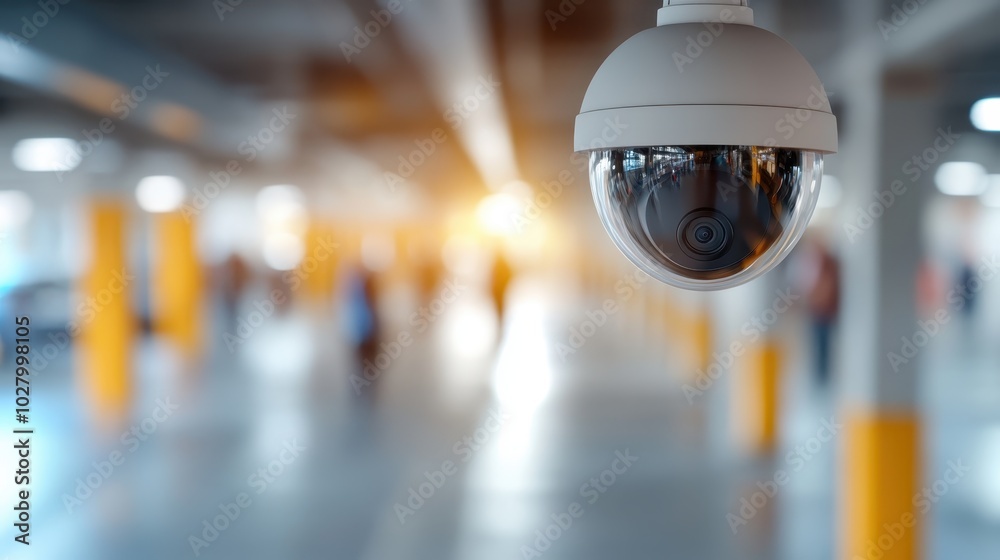 The sharp focus on a white dome security camera suggests vigilance and modern surveillance in a bustling indoor parking area, emphasizing security and oversight. The sharp focus on a white dome security camera suggests vigilance and modern surveillance in a bustling indoor parking area, emphasizing security and oversight.