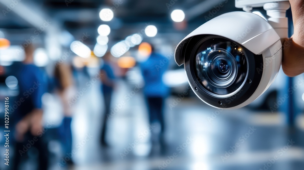 A security camera is mounted prominently in a modern parking facility, capturing the area with people and cars in motion, highlighting the importance of security surveillance. A security camera is mounted prominently in a modern parking facility, capturing the area with people and cars in motion, highlighting the importance of security surveillance.