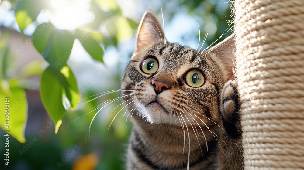 A curious tabby cat with bright green eyes and distinctive stripes eagerly explores nature, its attentive expression conveying inquisitiveness and playfulness. A curious tabby cat with bright green eyes and distinctive stripes eagerly explores nature, its attentive expression conveying inquisitiveness and playfulness.
