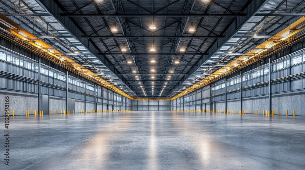 Fototapeta premium Spacious Industrial Warehouse Interior with Bright Lighting