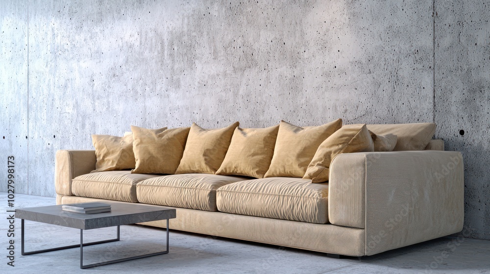Ultra HD render of a chic living room featuring a beige sofa and coffee table against a minimalist concrete wall Ultra HD render of a chic living room featuring a beige sofa and coffee table against a minimalist concrete wall