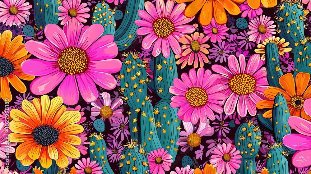 A group of blooms beside a cactus and its plant on a purple-pink backdrop, featuring a cactus centerpiece in the image A group of blooms beside a cactus and its plant on a purple-pink backdrop, featuring a cactus centerpiece in the image