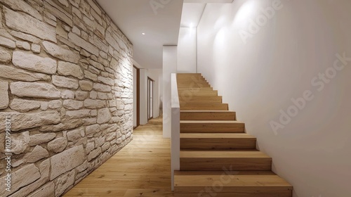 Ultra HD view of a sophisticated entrance hall with wooden stairs, white walls, and a left stone wall, in full detail