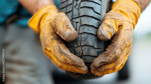 Dusty yellow-gloved hands hold a tire, representing the precision and dedication necessary in automotive work, showcasing the elements of maintenance and detail.