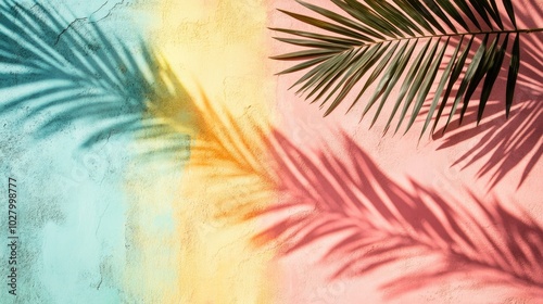 Vibrant Palm Shadows on Colorful Wall Background photo