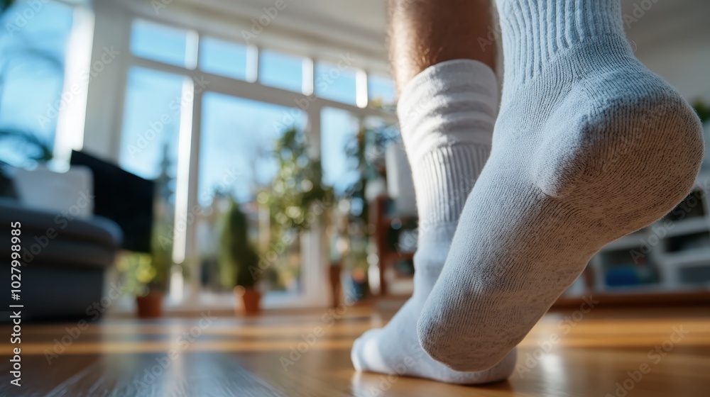 Fototapeta premium The image shows feet wearing socks softly treading on a gleaming wooden floor in a bright, peaceful home area, symbolizing relaxation and serenity indoors during daytime.