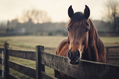 A brown horse stands behind a wooden fence in a peaceful rural field with soft evening light and blurred trees in the background 