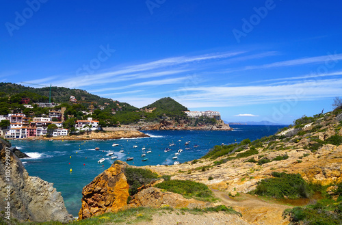 Photography view towards the colorful houses and turquoise water of the Mediterran Sea in th