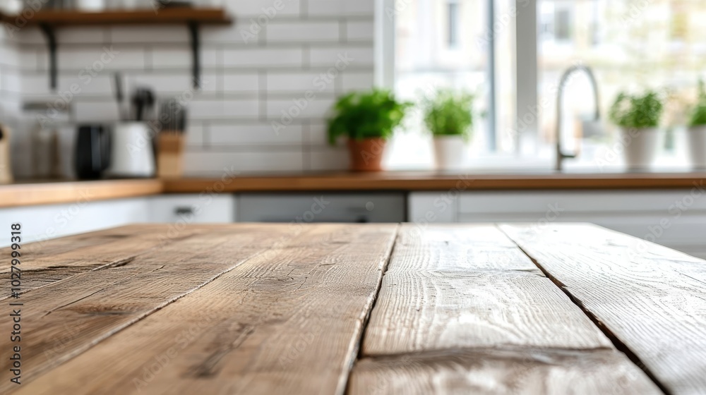 A rustic wooden table is centered in a bright, modern kitchen with herbs and contemporary kitchenware, adding charm and warmth to the setting. A rustic wooden table is centered in a bright, modern kitchen with herbs and contemporary kitchenware, adding charm and warmth to the setting.