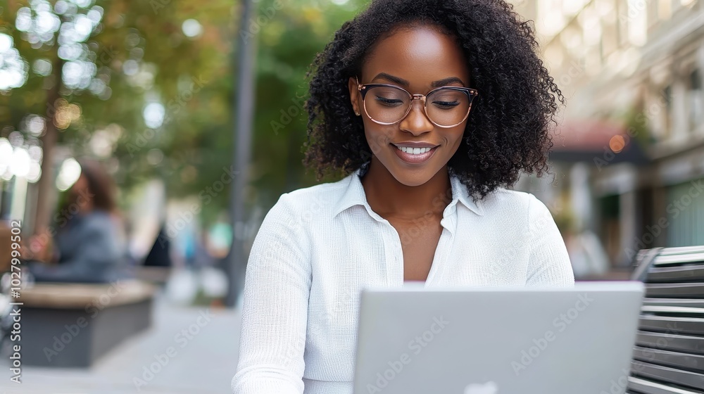 A young woman with curly hair and glasses enjoys working on her laptop in an outdoor urban setting, symbolizing freedom and modern work-life balance. A young woman with curly hair and glasses enjoys working on her laptop in an outdoor urban setting, symbolizing freedom and modern work-life balance.