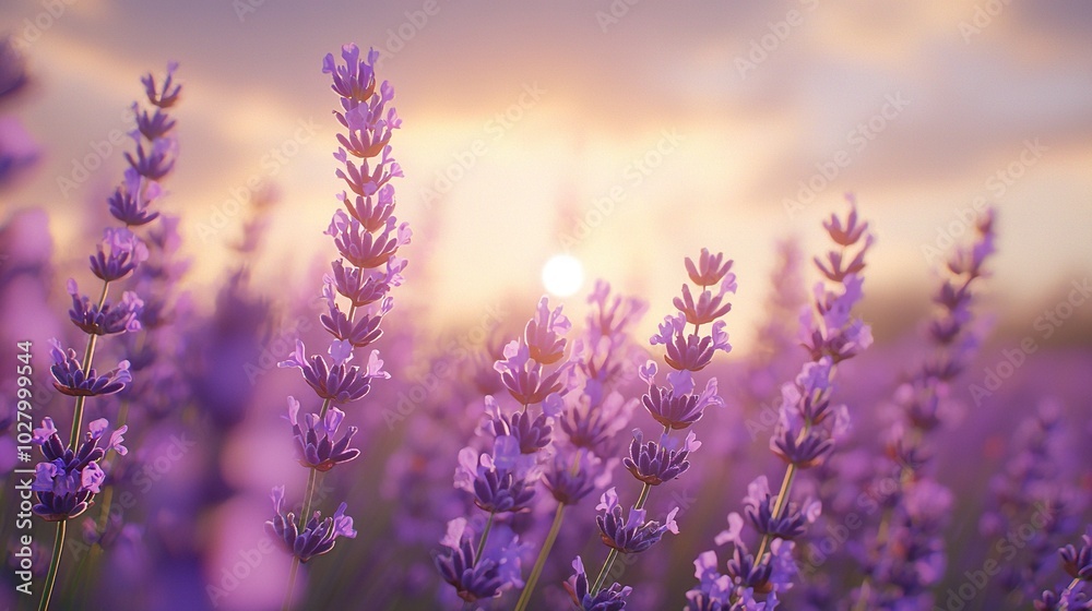 Lavender field bathed in sunlight through cloudy skies Lavender field bathed in sunlight through cloudy skies