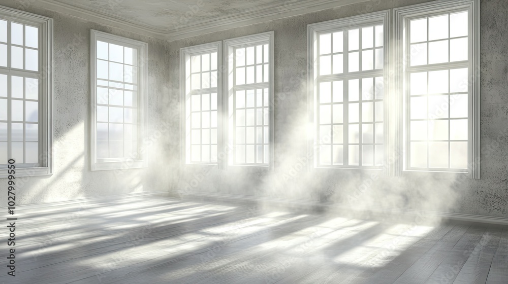 Bright Empty Room with Natural Light and Mist Bright Empty Room with Natural Light and Mist