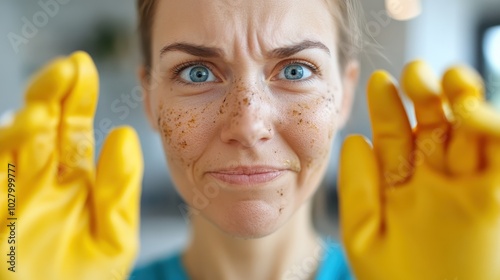 A serious-faced woman with speckles across her face, wearing yellow gloves, looking directly at the viewer, indoors with a blurry, neutral-colored backdrop. photo