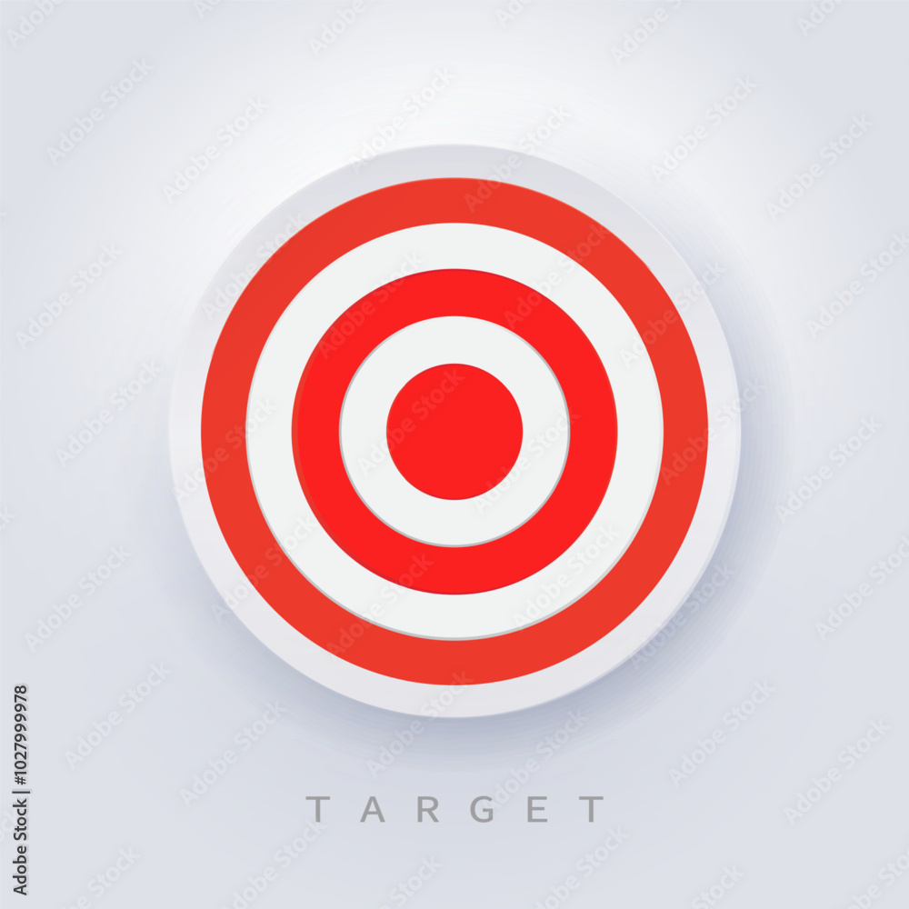 Red target neumorphic style vector illustration. Red dartboard. Business target icon
