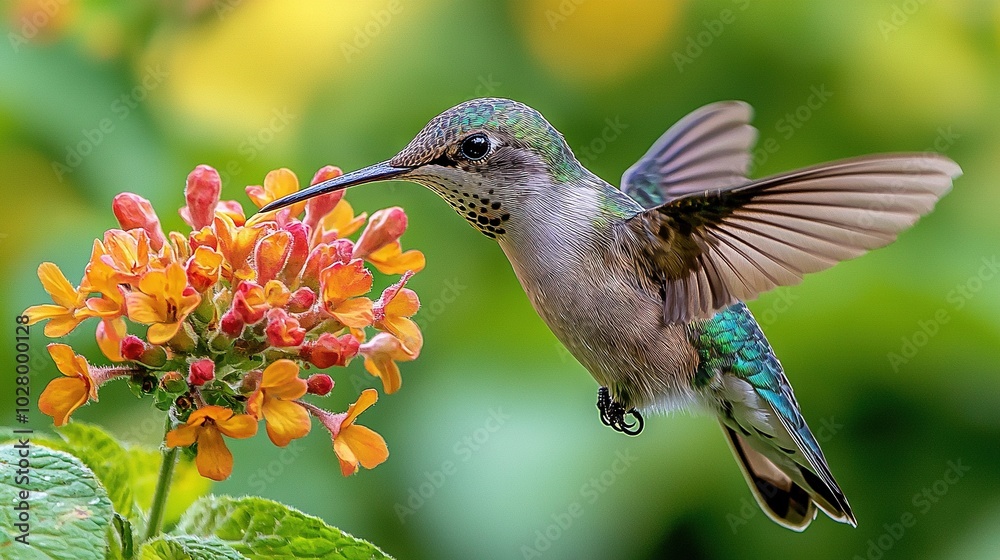 Fototapeta premium Hummingbird perched on a green-leafed flower before a yellow-flowered background blurred