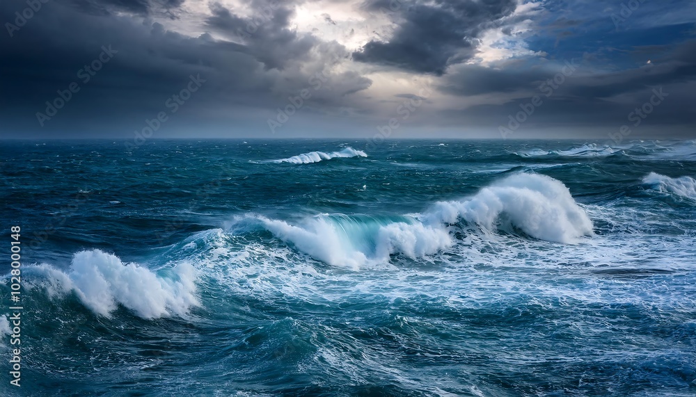 Fototapeta premium Intense Ocean Waves Crashing Under Dark Stormy Skies, Capturing the Raw Power and Majestic Beauty of Nature's Elements, Perfect for Evoking Emotion and Dramatic Atmospheres in Visual Art