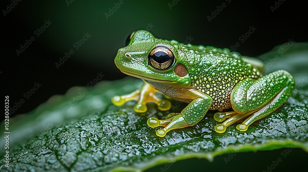 Fototapeta premium A close-up of a frog on a leaf with water droplets on its eyes against a black backdrop