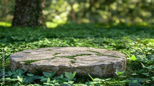 Moss-covered stone in lush green forest setting