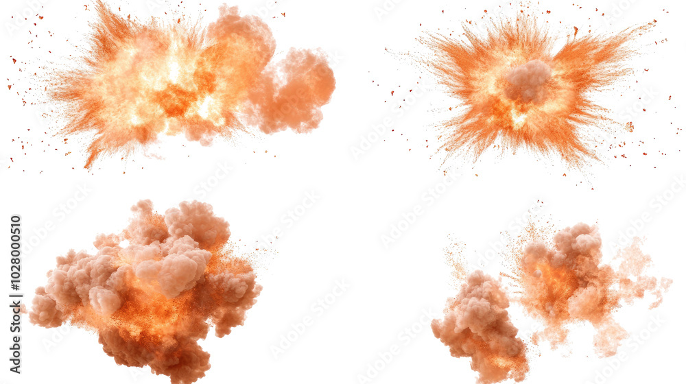 Explosive Fire Bursts and Smoke Clouds Isolated on a White Background Generative AI Explosive Fire Bursts and Smoke Clouds Isolated on a White Background Generative AI