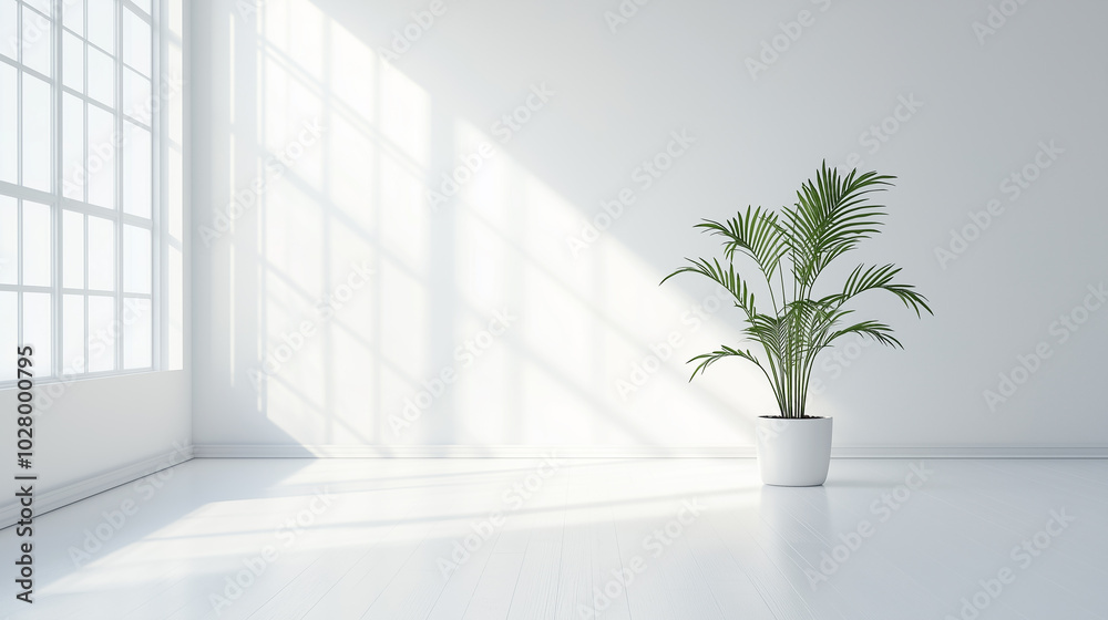 Open, Minimalist Space with Natural Light and a Single Potted Plant for Mindfulness, generative ai Open, Minimalist Space with Natural Light and a Single Potted Plant for Mindfulness, generative ai
