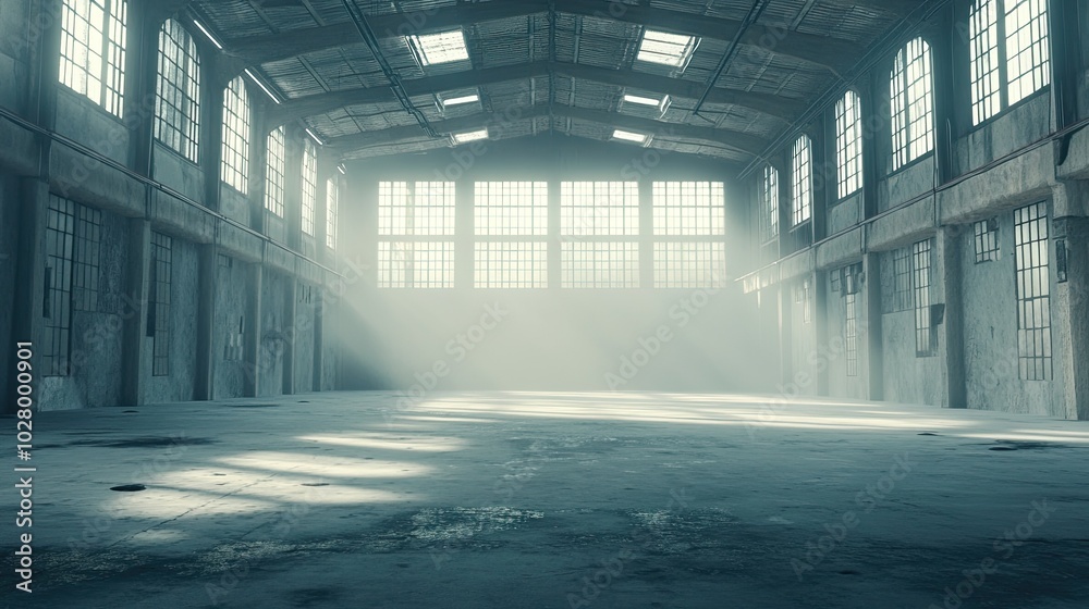Empty Warehouse with Dramatic Light Rays Empty Warehouse with Dramatic Light Rays