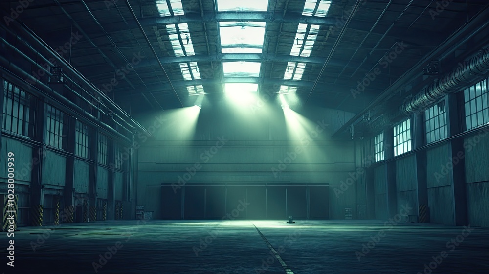 Light Beams in an Empty Industrial Warehouse Light Beams in an Empty Industrial Warehouse