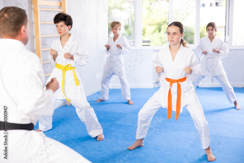 Obraz na plátně In gym, certified master coach conducts karate kata lesson with children boys gi