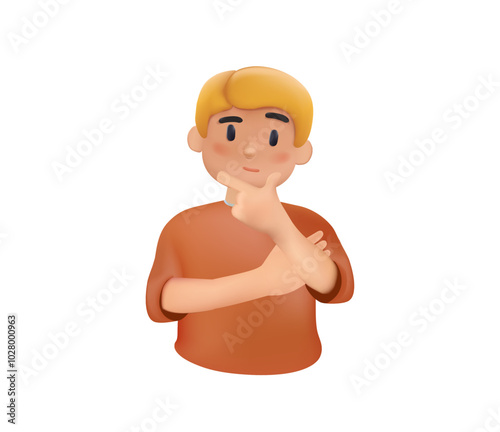 3D Cute boy thinking gesture. Little schoolboy thinking confused with question mark. Kid character feel curious, education concept in 3D cartoon style. Vector illustration