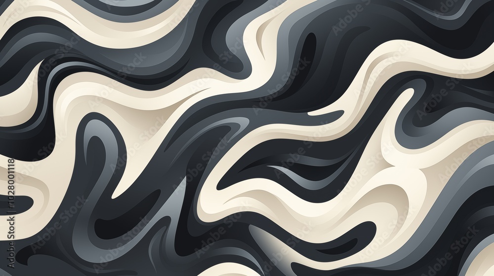 Fototapeta premium Wavy and swirled brush strokes vector seamless pattern. Bold curved lines and squiggles ornament. Black and white wallpaper.