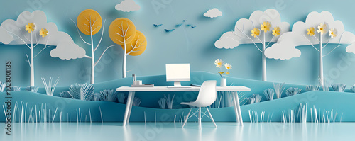 2D Meets 3D in a Minimalist Spring Office Scene – Creative Aesthetic Paper Art Landscape Background Wallpaper Banner