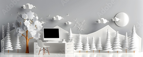 2D Meets 3D in a Minimalist Winter Office Scene – Creative Paper Art Forest and Snowy Landscape Background Banner